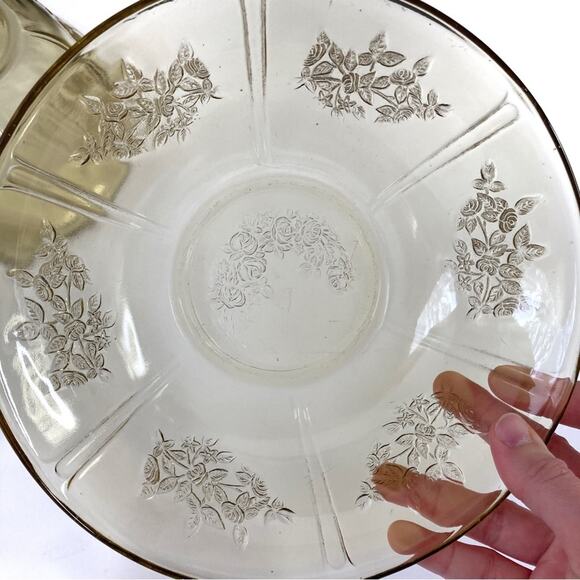 Set Of 2 VTG Anchor Hocking Amber Yellow Mayfair Cabbage Rose Serving Bowl 8.5” - Picture 5 of 6